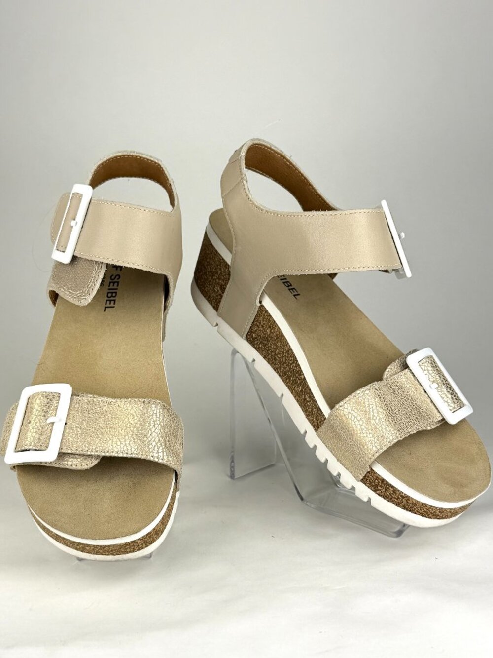 Josef Seibel Quinn 02 Gold Metallic Cork Wedge Sandals Size 39 Cream Kombi